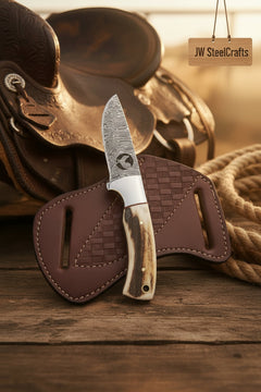 Frontier Stag Ranch Knife 7" Handmade Damascus Stag Horn Handle by JW SteelCrafts
