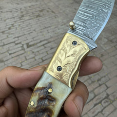 Stagline Damascus Folder 7" Handmade Horn Handle Damascus Bolster by JW SteelCrafts, product image 11