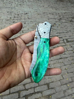 Jadeline Damascus Folder 7" Handmade Turquoise-Green Resin Handle by JW SteelCrafts, product image 3