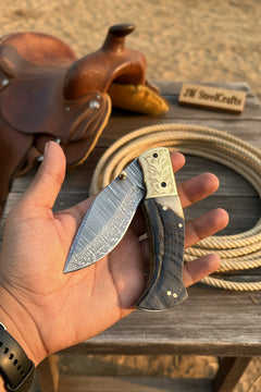 Stagline Damascus Folder 7" Handmade Horn Handle Damascus Bolster by JW SteelCrafts, product image 8