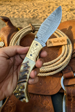 Stagline Damascus Folder 7" Handmade Horn Handle Damascus Bolster by JW SteelCrafts, product image 13