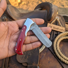 Crimson Ridge Folding Bull Cutter 8" Handmade Damascus Wood Handle by JW SteelCrafts