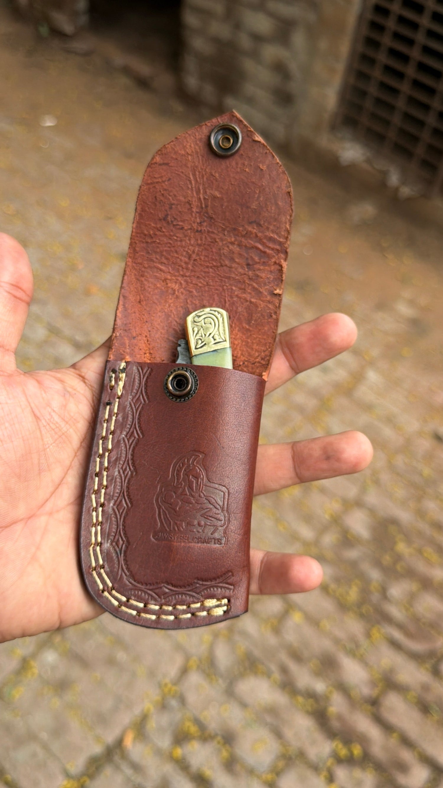 Handmade Damascus Steel Folding Pocket Knife with Bone Handle & Engraved Brass Bolsters