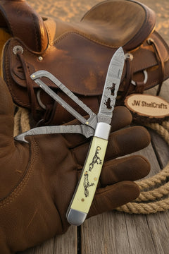 Ivory Stallion Trail Trapper Folder Knife 7" Handmade Damascus Steel with Ivory bone handle by JW SteelCrafts, product image 2