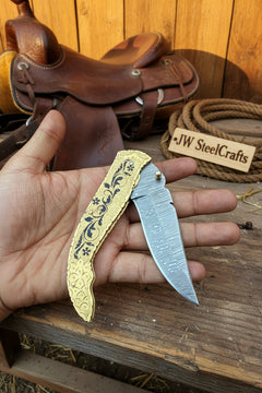 Calligraphy Engraved Brass Folder Knife 10" Handmade Damascus Blade by JW SteelCrafts, product image 3