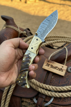 Stagline Damascus Folder 7" Handmade Horn Handle Damascus Bolster by JW SteelCrafts, product image 2