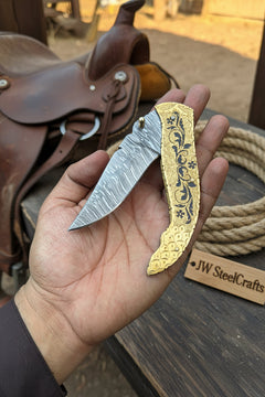 Calligraphy Engraved Brass Folder Knife 10" Handmade Damascus Blade by JW SteelCrafts, product image 5