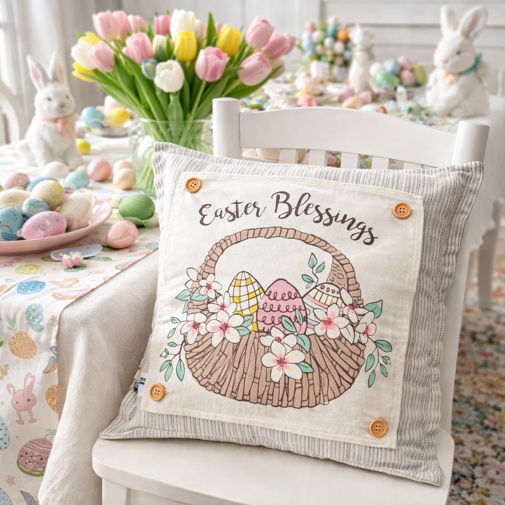 PANEL ONLY: SQUARE Spring, Basket, Floral, Lilies Eggs, EASTER BASKET