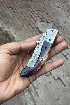 Twilight Burl Folder Knife 7" Handmade Burl Wood Damascus Blade by JW SteelCrafts, product image 4