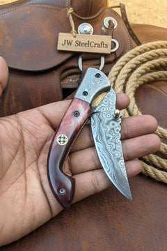 Twilight Burl Folder Knife 7" Handmade Burl Wood Damascus Blade by JW SteelCrafts