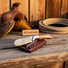 Amber Grain Ranch Drop Point Knife 6" Handmade Damascus Steel Wood Handle by JW SteelCrafts