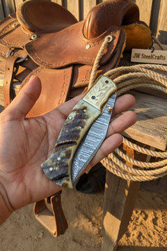 Stagline Damascus Folder 7" Handmade Horn Handle Damascus Bolster by JW SteelCrafts, product image 7