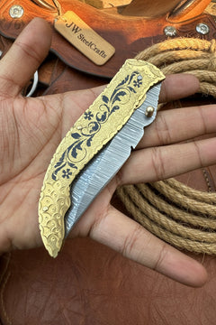 Calligraphy Engraved Brass Folder Knife 10" Handmade Damascus Blade by JW SteelCrafts, product image 2