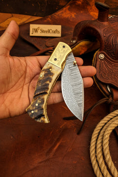 Stagline Damascus Folder 7" Handmade Horn Handle Damascus Bolster by JW SteelCrafts