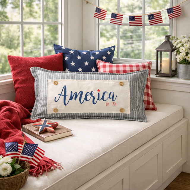 PANEL ONLY: RECTANGLE Summer, Star, Red, White and Blue, Cursive, Est. Vintage, Farmhouse; AMERICA 1776