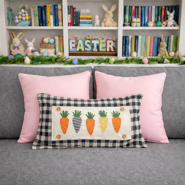 NEW! WINTER BUNDLE 26:  3 seasons + GINGHAM/BUFFALO CHECK pillow: SNOWMAN SCARVES / XOXO / CARROT PATCH