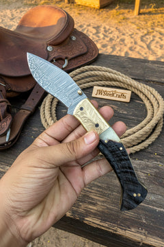 Stagline Damascus Folder 7" Handmade Horn Handle Damascus Bolster by JW SteelCrafts, product image 12
