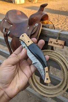 Hidewood Skinner Folder Knife 8" Handmade Damascus Micarta Handle by JW SteelCrafts, product image 3