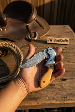 Honeywood Hawkbill Folder Knife 8" Handmade Wood Handle Damascus Blade by JW SteelCrafts, product image 3