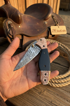 Duskhorn Damascus Folder 7.5" Handmade Micarta Handle Horn Bolster by JW SteelCrafts, product image 2