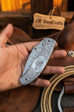 Obsidian Mosaic Folder Knife 8" Handmade Damascus Liner Lock by JW SteelCrafts, product image 11