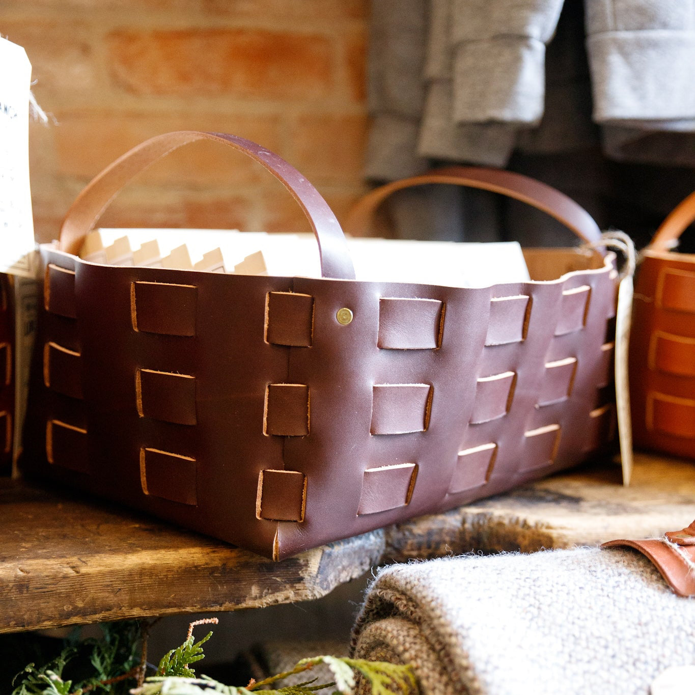 Large Leather Woven Basket  - USA Made