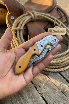 Honeywood Hawkbill Folder Knife 8" Handmade Wood Handle Damascus Blade by JW SteelCrafts, product image 2