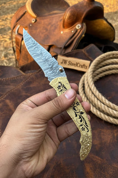 Calligraphy Engraved Brass Folder Knife 10" Handmade Damascus Blade by JW SteelCrafts, product image 8