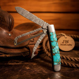 Turquoise Vein Damascus Trapper Folder Knife 7" Handmade Two-Blade with Resin Handle by JW SteelCrafts