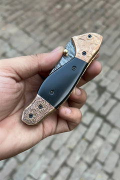 Duskhorn Damascus Folder 7.5" Handmade Micarta Handle Horn Bolster by JW SteelCrafts, product image 4