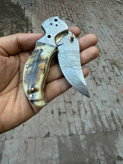 Pearlridge Damascus Folder 7" Handmade Mother of Pearl Lock Back by JW SteelCrafts