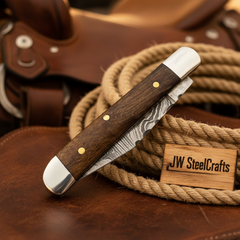 Rosewood Folding Knife 7.5" Handmade Damascus Steel Traditional Pocket Knife by JW SteelCrafts