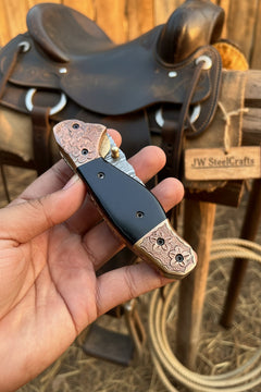 Duskhorn Damascus Folder 7.5" Handmade Micarta Handle Horn Bolster by JW SteelCrafts, product image 6