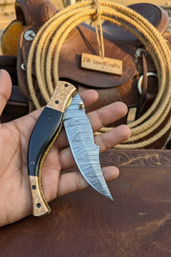 Hidewood Skinner Folder Knife 8" Handmade Damascus Micarta Handle by JW SteelCrafts, product image 6