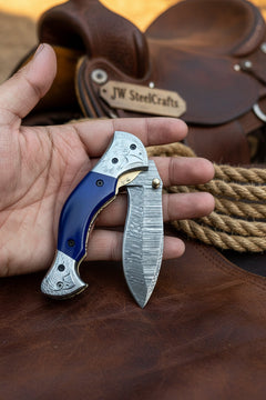 Silverline Ridge Curved Folder Knife 8" Handmade Damascus Steel Resin Handle by JW SteelCrafts, product image 3