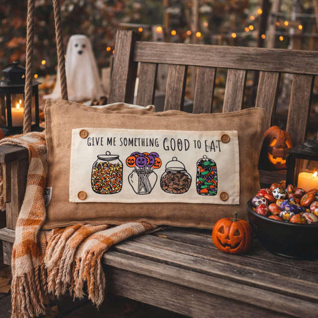 PANEL ONLY: RECTANGLE Halloween Tick or Treat Candy Jars October Pumpkins Kids Fall Autumn; GIVE ME SOMETHING GOOD TO EAT