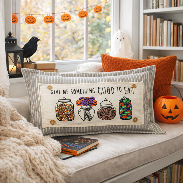 PANEL ONLY: RECTANGLE Halloween Tick or Treat Candy Jars October Pumpkins Kids Fall Autumn; GIVE ME SOMETHING GOOD TO EAT