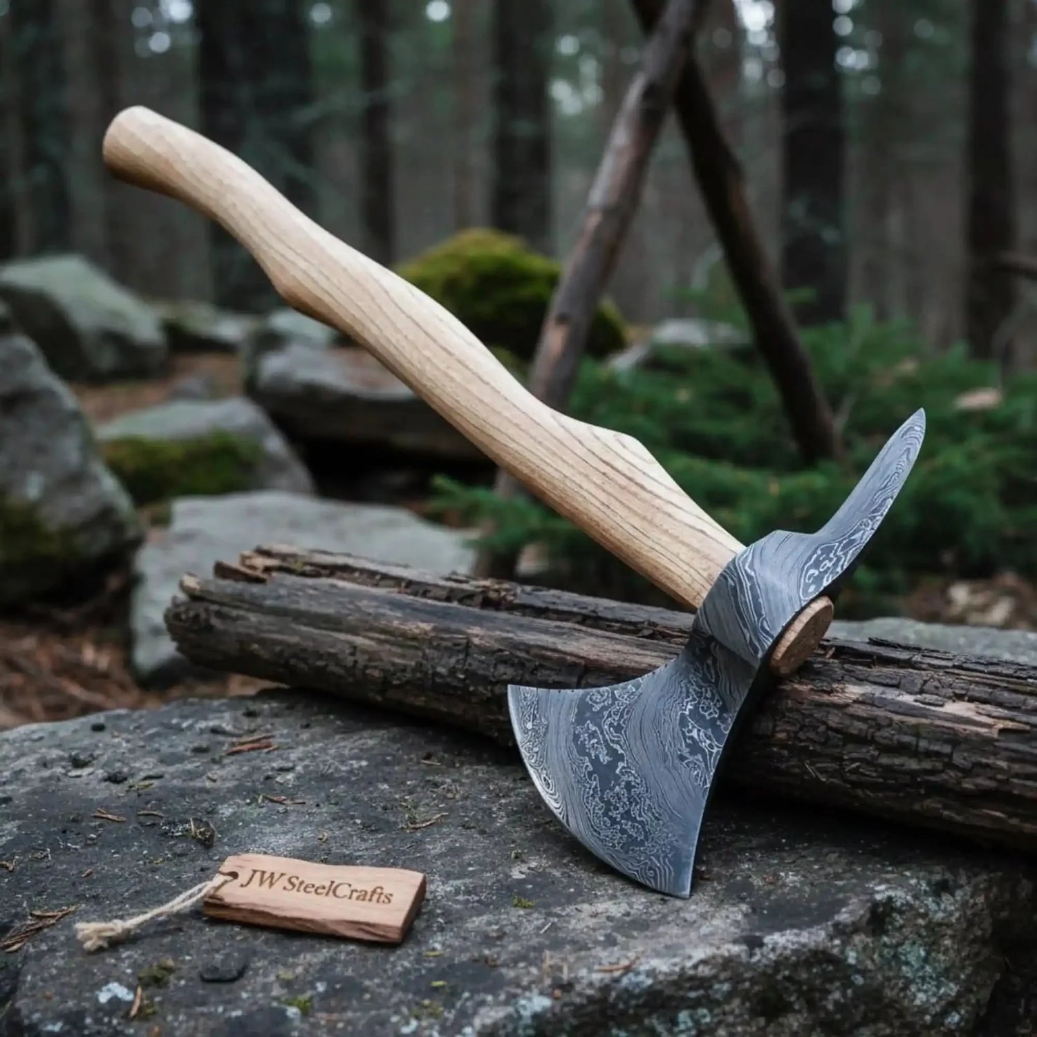 Damascus Camping Axe with 22 Inch Ash Handle – Hand Forged Bushcraft Axe with Leather Sheath | JW SteelCrafts