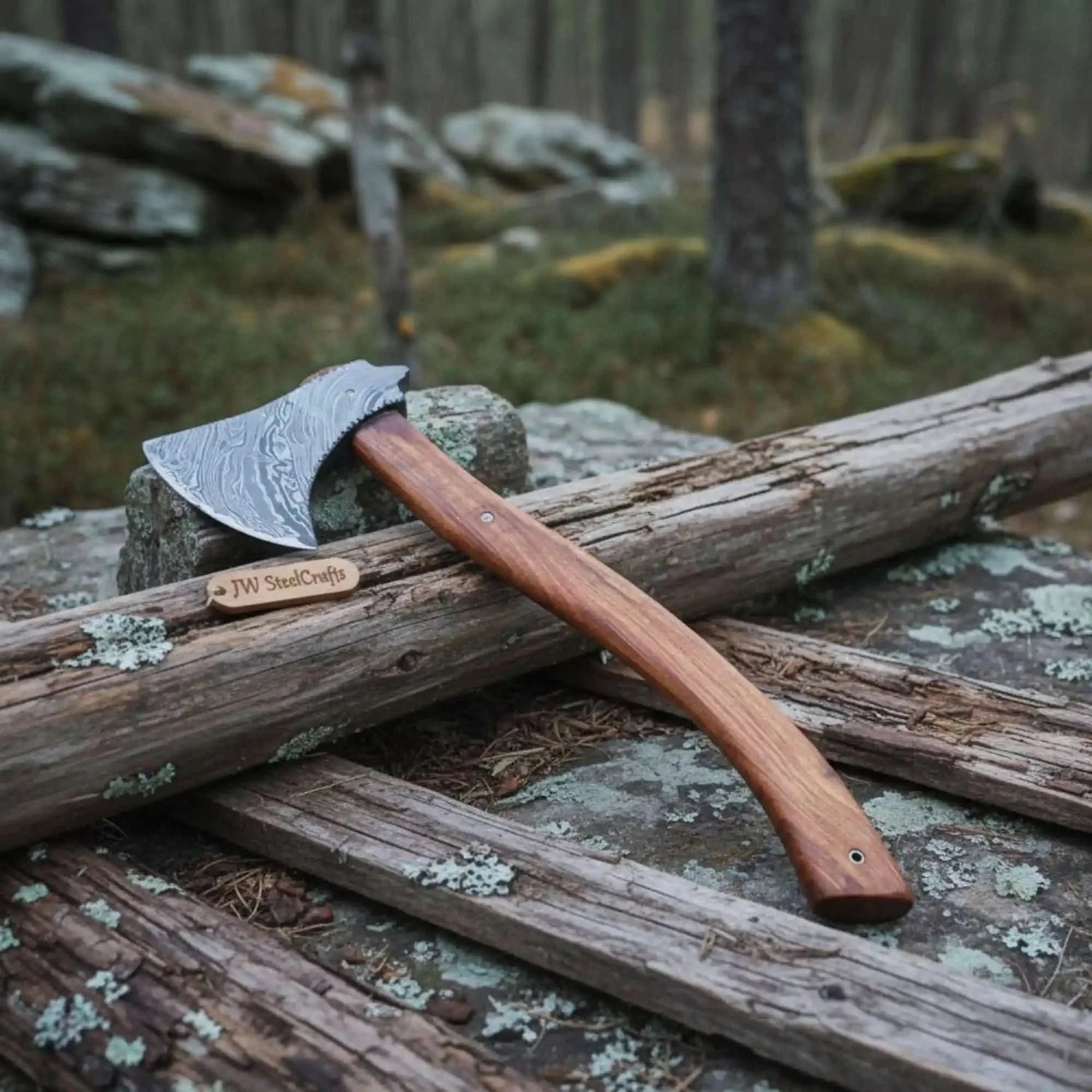 Hand Forged Bushcraft Chopping Axe, Damascus Blade + Ergonomic Curved Handle