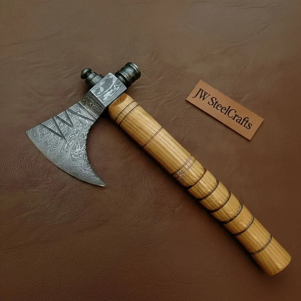 Damascus Pipe Axe 19 Inch Ash Wood Handle | Hand Forged Tomahawk Smoking Axe | JW SteelCrafts