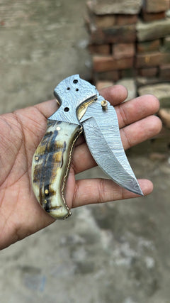 Pearlridge Damascus Folder 7" Handmade Mother of Pearl Lock Back by JW SteelCrafts, product image 7