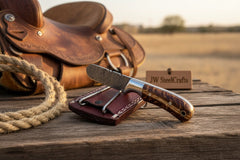 Amber Grain Ranch Drop Point Knife 6" Handmade Damascus Steel Wood Handle by JW SteelCrafts, product image 2
