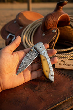 Boneridge Damascus Folder 7" Premium Bone Handle with Damascus Bolster by JW SteelCrafts, product image 2