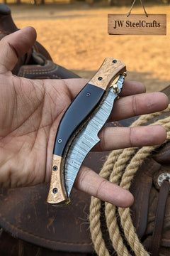Hidewood Skinner Folder Knife 8" Handmade Damascus Micarta Handle by JW SteelCrafts, product image 5