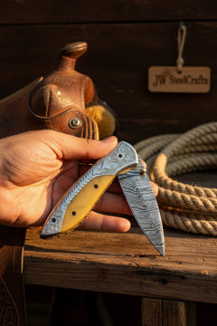 Boneridge Damascus Folder 7" Premium Bone Handle with Damascus Bolster by JW SteelCrafts, product image 3