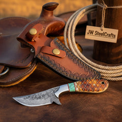 Turquoise Inlay Skinner Knife 9" Handmade Damascus with Turquoise Inlay by JW SteelCrafts
