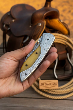 Boneridge Damascus Folder 7" Premium Bone Handle with Damascus Bolster by JW SteelCrafts, product image 7