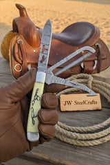 Ivory Stallion Trail Trapper Folder Knife 7" Handmade Damascus Steel with Ivory bone handle by JW SteelCrafts
