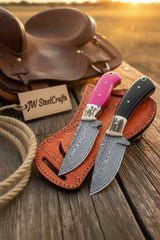 Rosewood Ridge Skinner Duo 9" Handmade Damascus Pink & Black Resin by JW SteelCrafts