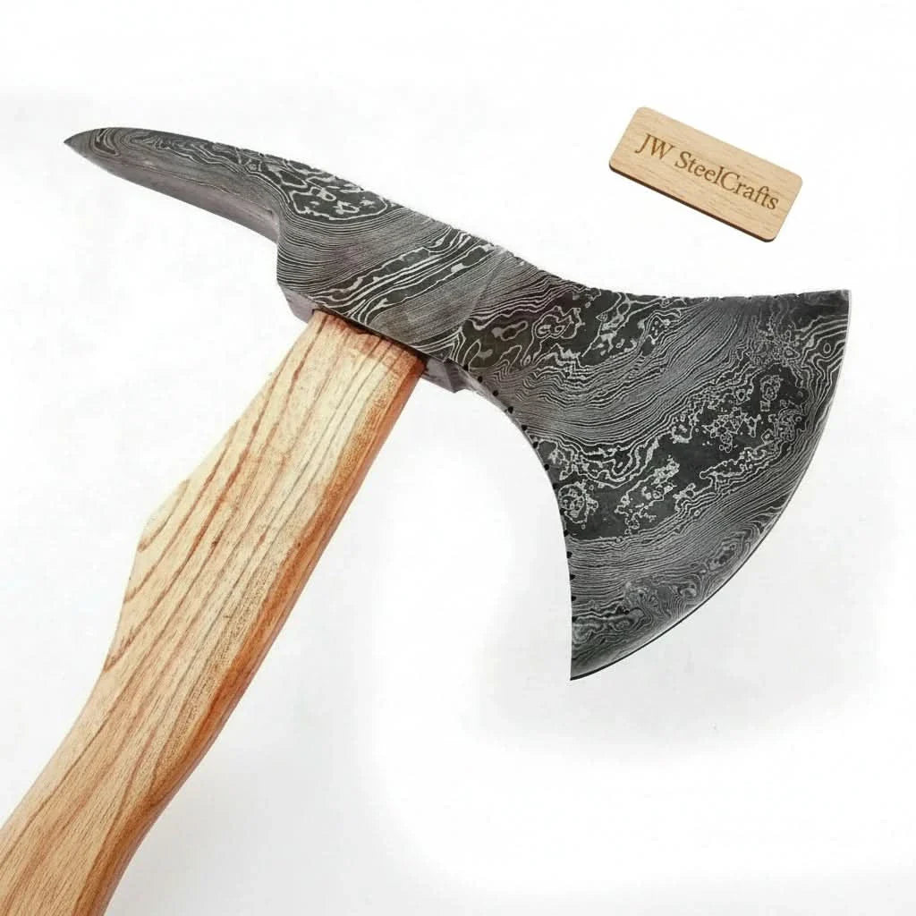 Damascus Camping Axe with 22 Inch Ash Handle – Hand Forged Bushcraft Axe with Leather Sheath | JW SteelCrafts